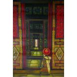 A view through a temple, unframed and unstretchered, Chinese oil on canvas, 52cm x 61cm