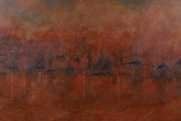 Boats in a harbour at dusk, thinned oil on board, 51cm x 38cm