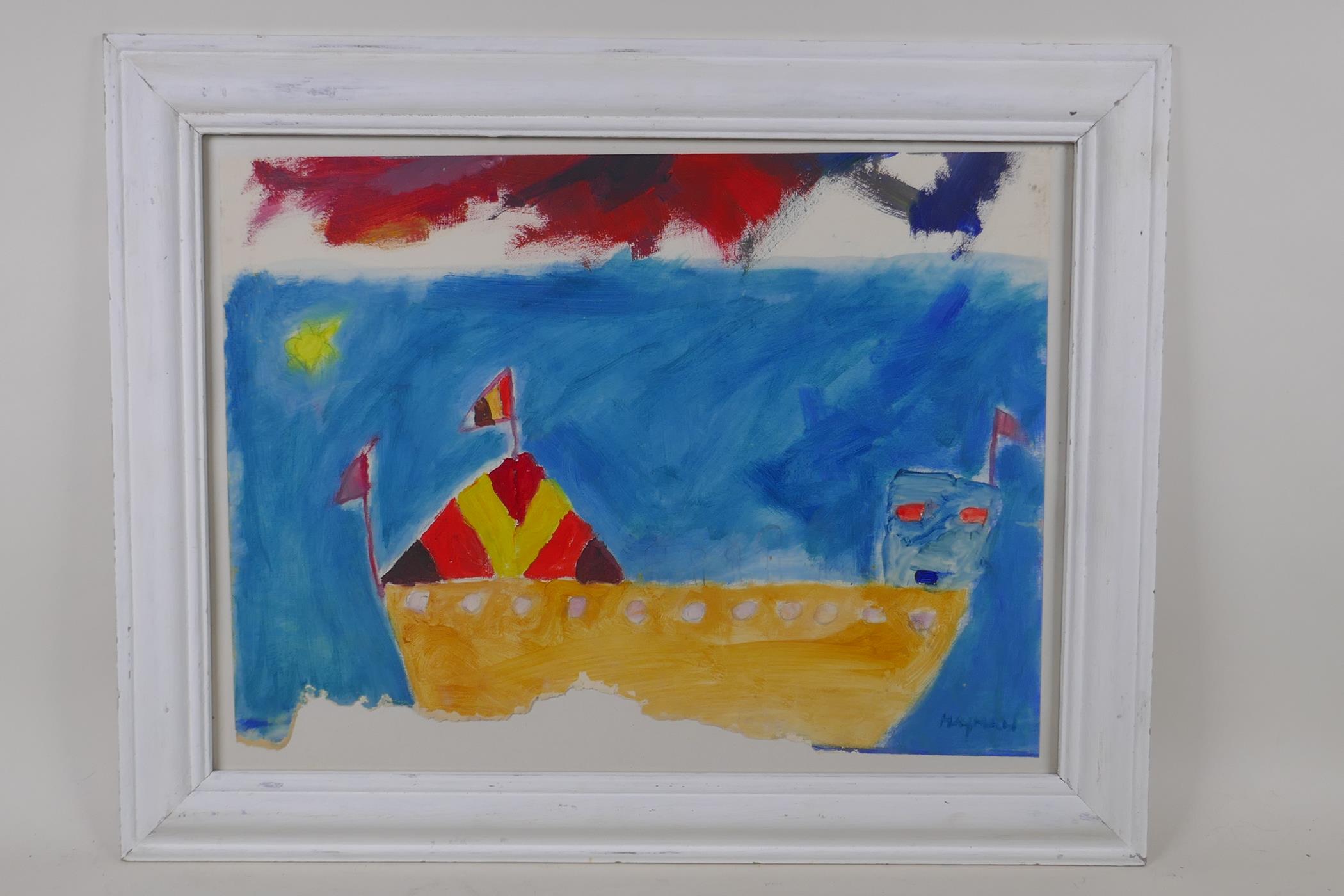 Study of a boat, indistinctly signed, naive style mixed media painting on paper fragment, 38cm x - Image 2 of 4