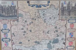 A map of Surrey after John Speed with Gazetteer to the reverse, 52cm x 39cm