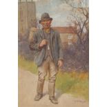 A country workman on a rural road, signed H. F. Ford, dated 1938, watercolour, 27cm x 37cm