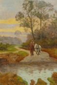 Landscape at sunset with figure and horses, indistinctly signed, C19th oil on canvas, 26cm x 36cm