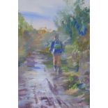 Jane Camp, the Hiker, gallery label verso, watercolour, 26cm x 30cm