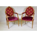 A pair of giltwood Louis XV style armchairs, 112cm high