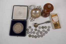 A 1905 Forest School Walthamstow hallmarked silver Challenge Cup medal, a 925 marked silver tea