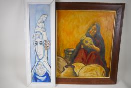 An Indian pot seller, oil on board, 40cm x 50cm, and a mixed media portrait of a Yemenite bride