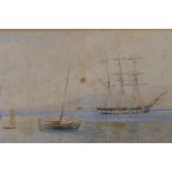 A three masted schooner at anchor, attributed verso to Miss Frederika Percival and dated 1895, C19th