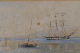 A three masted schooner at anchor, attributed verso to Miss Frederika Percival and dated 1895, C19th