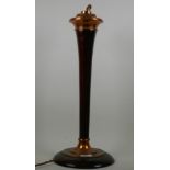 A vintage French table lamp with faux bois decoration and copper mounts, bears label to base