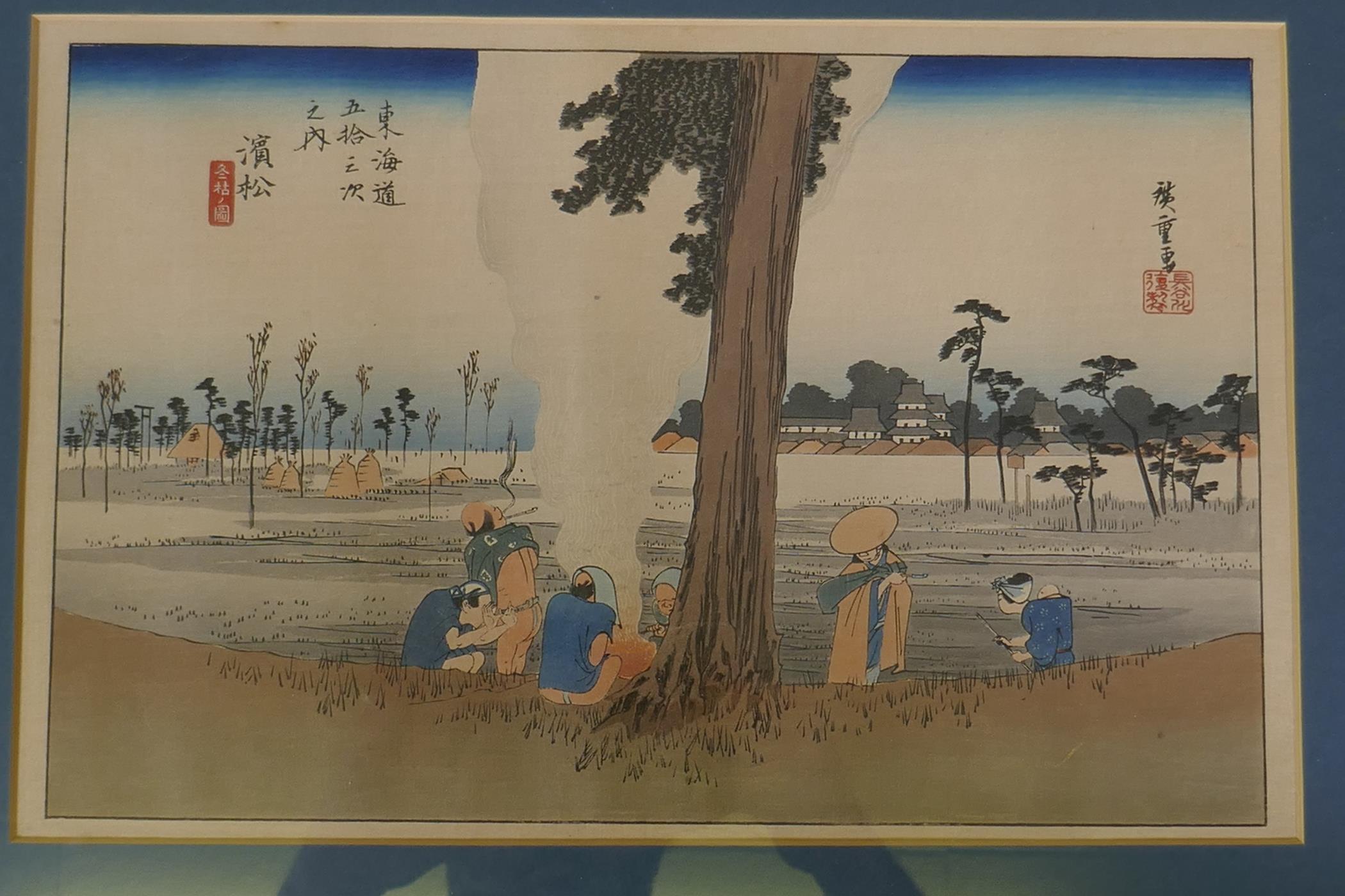 After Utagawa Hiroshiga, six Ukiyo-e wood block prints from 'The Fifty-three Stations of the - Image 5 of 9