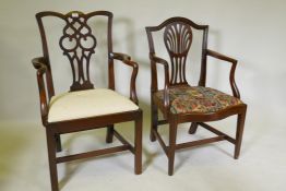 A C19th Chippendale mahogany chair with pierced splat and crook arms, raised on square chamfered