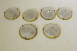 Six dome wall lights with brass mounts, 28cm diameter