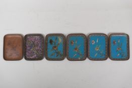 A set of six Chinese copper trinket trays depicting the various stages of cloisonne manufacture, 9cm