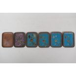 A set of six Chinese copper trinket trays depicting the various stages of cloisonne manufacture, 9cm