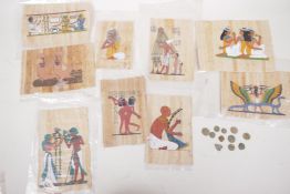 A quantity of small Roman Coins and eight Egyptian papyrus pictures