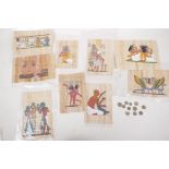 A quantity of small Roman Coins and eight Egyptian papyrus pictures