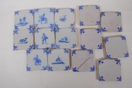 Fourteen small Delft blue and white tiles, eight painted with figures and flowers, some AF, 7.5cm