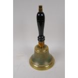 A bronze hand bell with turned wood handle, 33cm long