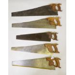 Five vintage Spear & Jackson handsaws with wood handles, largest 30½", and eight vintage