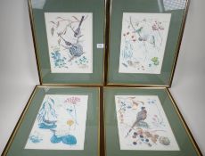 Marjorie Blamey, a set of four botanical prints, wild birds in their habitats, produced in memory of