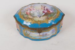 A French Sevres porcelain lozenge shaped trinket box hand painted with a romantic couple, and a