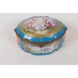A French Sevres porcelain lozenge shaped trinket box hand painted with a romantic couple, and a