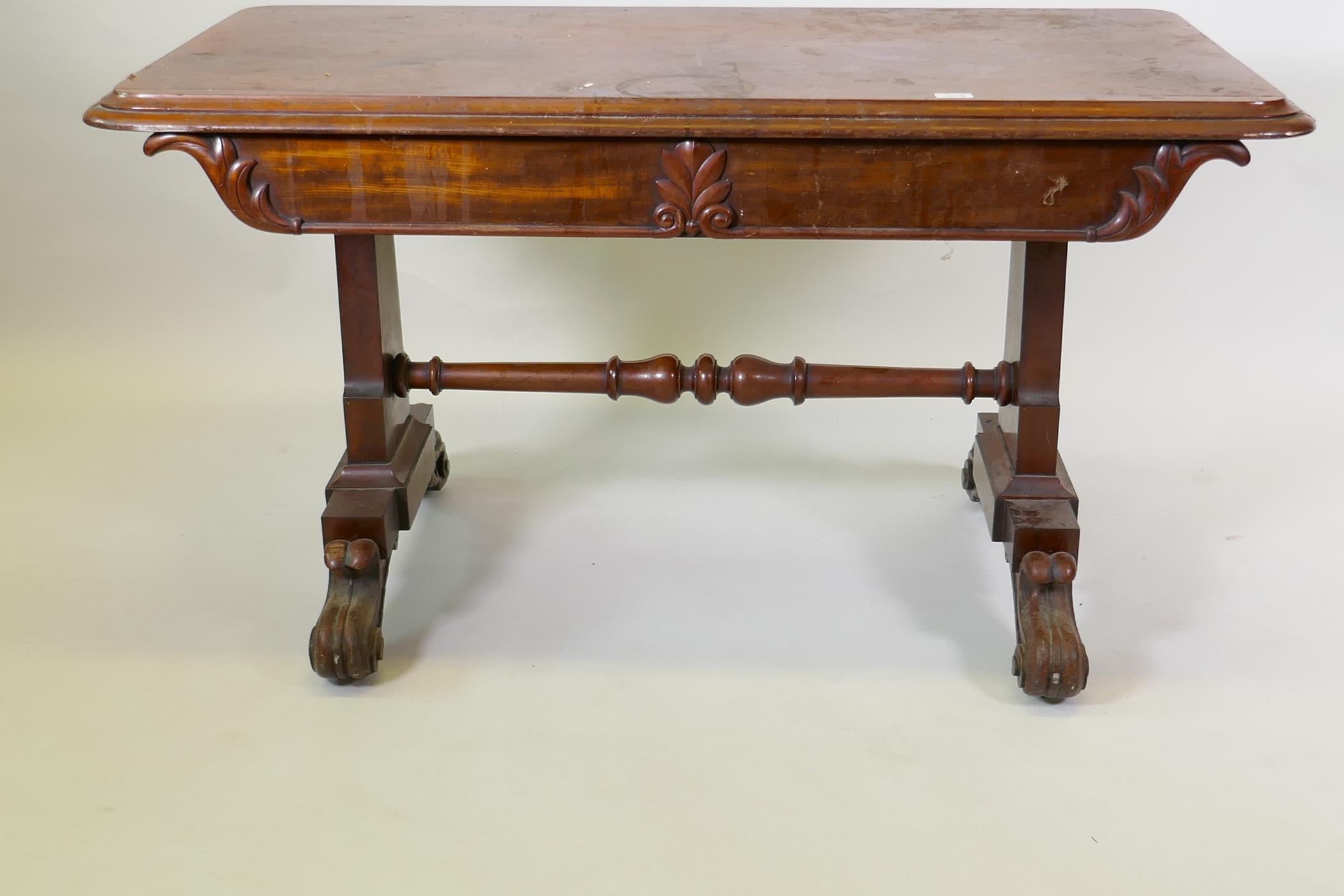 William IV mahogany centre table, raised on end supports with scroll feet, 130 x 70 x 70cm - Image 3 of 5