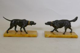 After P.J. Mene, a pair of bronze figures of pointer dogs, mounted on marble bases, unsigned, 20 x