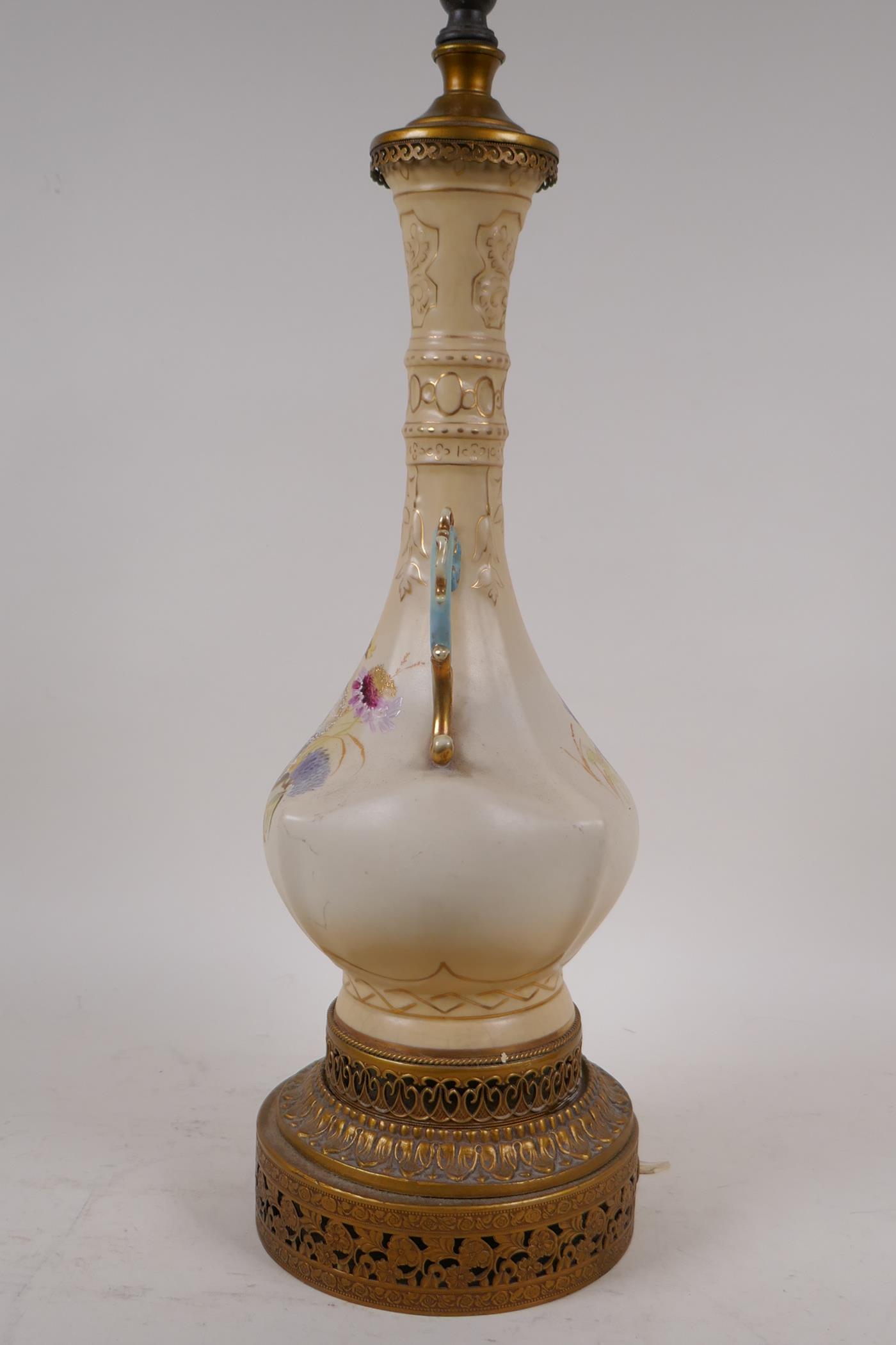 A C19th Worcester style two handled vase, converted to a lamp, with pierced brass base and mounts, - Image 3 of 5