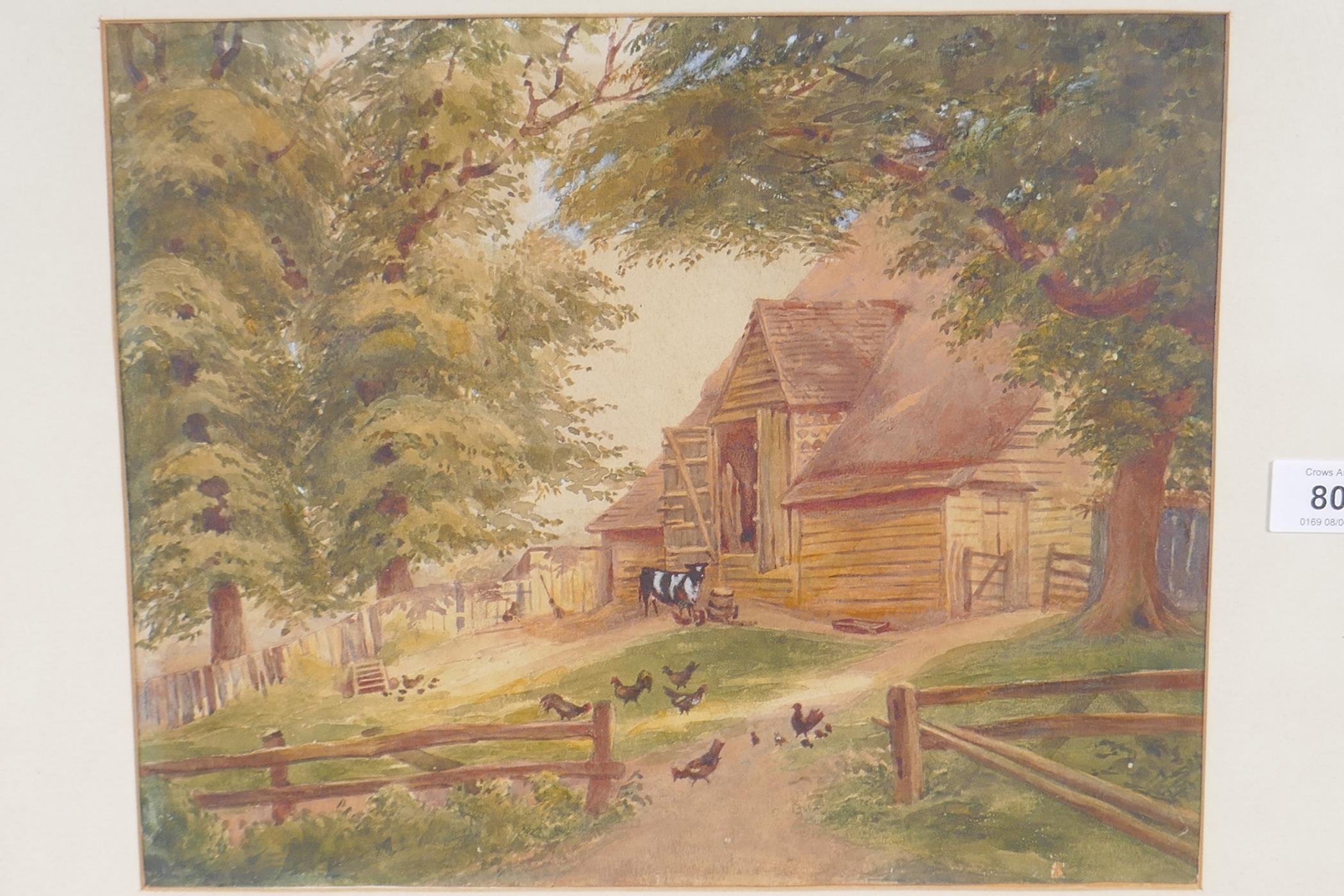 A farmyard scene with children and livestock, watercolour, 31cm x 26cm - Image 2 of 2