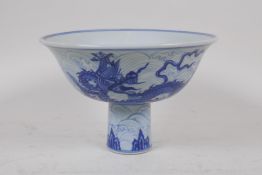 A blue and white porcelain stem bowl with dragon decoration, Chinese Xuande 6 character mark to