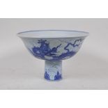 A blue and white porcelain stem bowl with dragon decoration, Chinese Xuande 6 character mark to