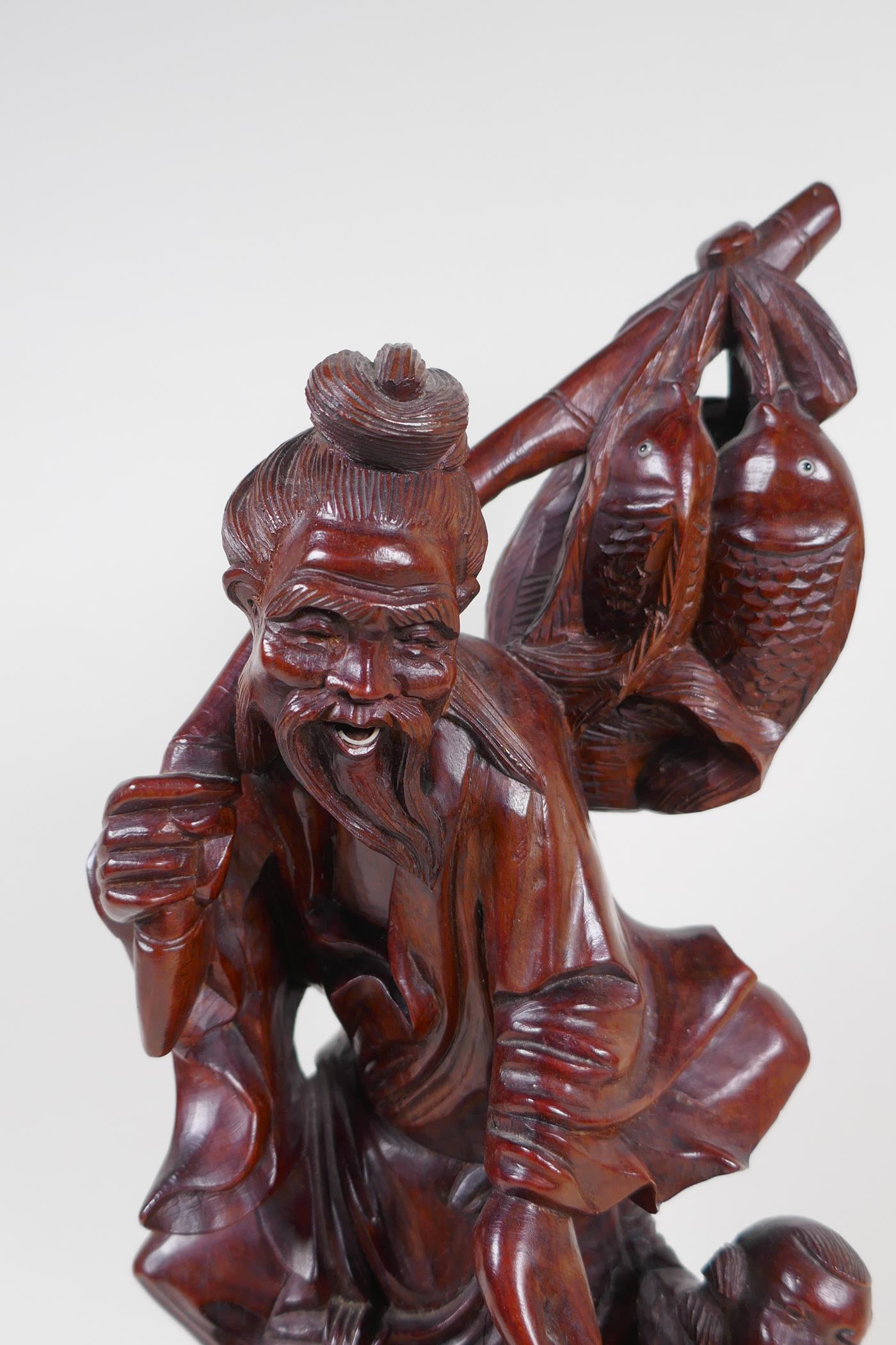 A Chinese root carving of a fisherman with two small boys, 42cm high - Image 2 of 3