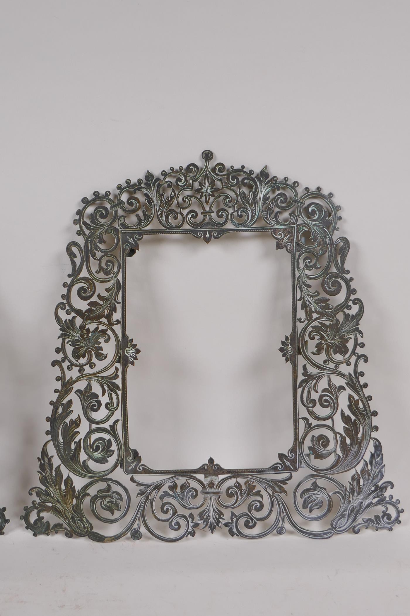 A pair of antique brass frames with pierced scrolling decoration, 23 x 23cm, rebate 10 x 14cm - Image 4 of 5