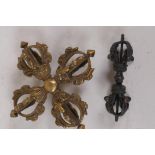 A bronze vajra, 11cm long, and a bronze/brass double vajra, 15cm