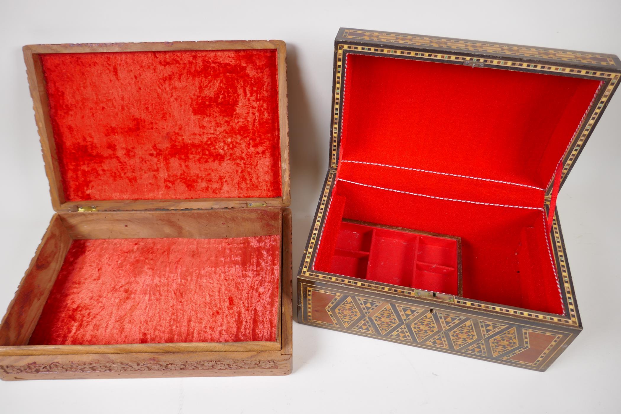 A Damascan inlaid dome top wooden jewellery box, 27cm long, and an extensively carved oriental - Image 4 of 4