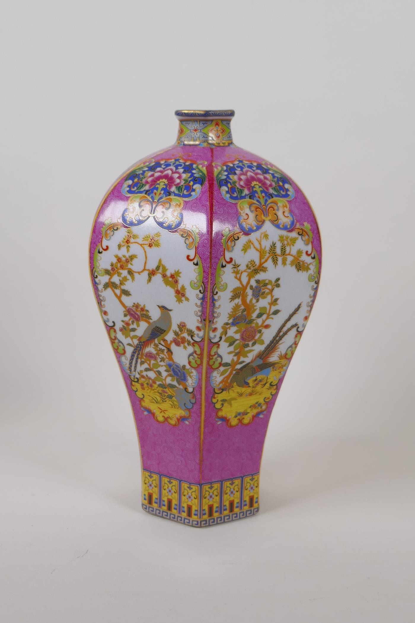 A Chinese hexagonal porcelain vase with polychrome decorative panels depicting birds on a pink - Image 4 of 6