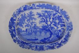 A C19th Henshall & Co blue and white transfer meat plate with castle and bridge decoration, AF