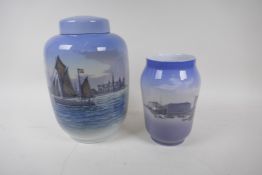 A large Royal Copenhagen porcelain jar and cover painted with a sailing barge, 23cm high, and a