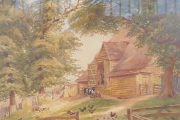 A farmyard scene with children and livestock, watercolour, 31cm x 26cm