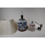 A table lamp made from a Chinese blue and white ginger jar, 30cm high, and an oriental pattern night