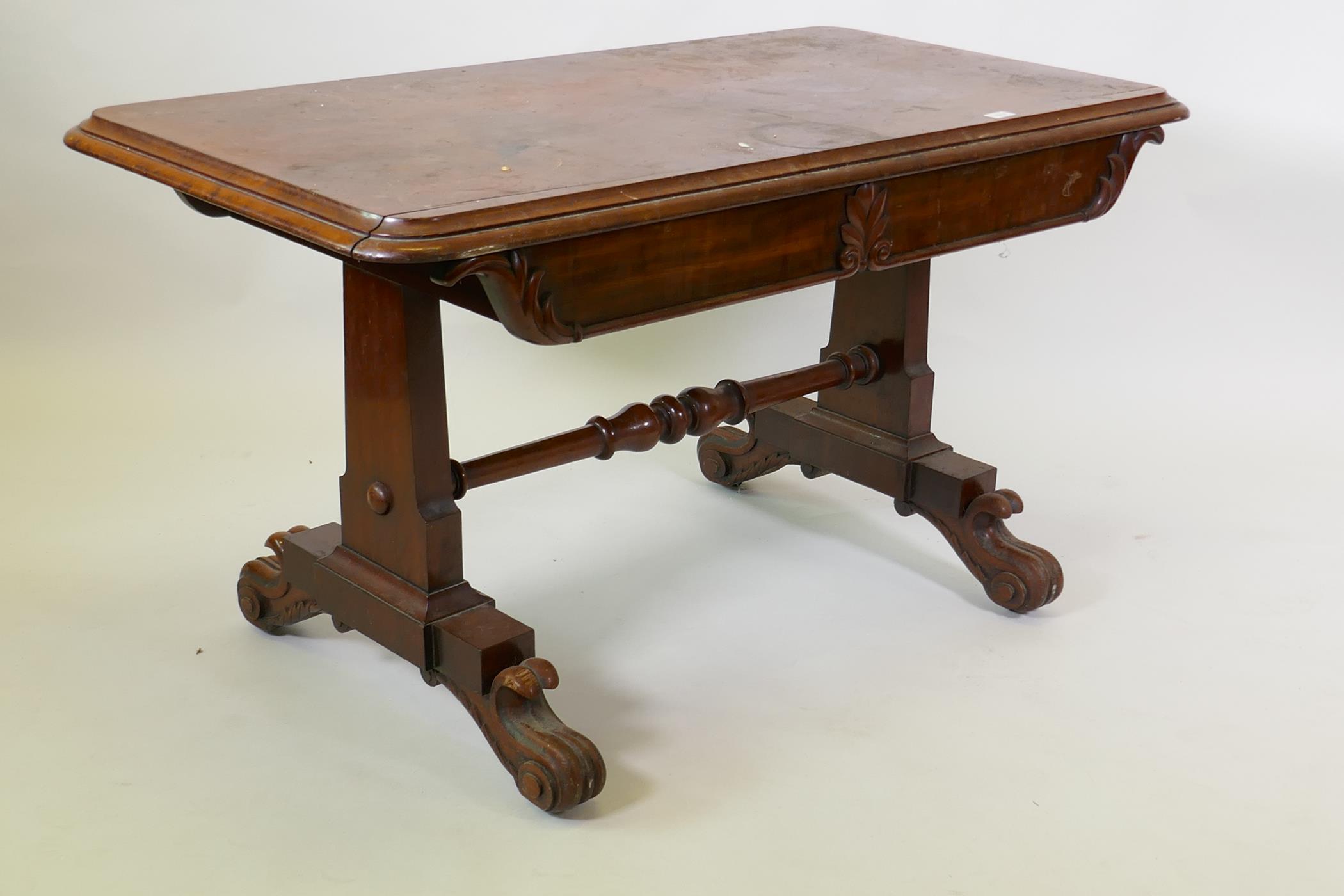 William IV mahogany centre table, raised on end supports with scroll feet, 130 x 70 x 70cm - Image 2 of 5