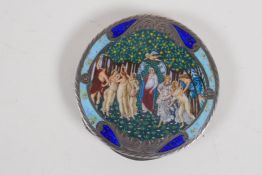 A C19th Continental silver compact, the top with hand painted enamel scene of the Primavera after