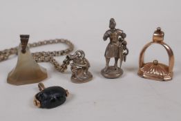 A collection of antique intaglio seals with white and yellow metal mounts, largest 4cm