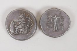 Two white metal facsimile (replica) Greek tokens/coins