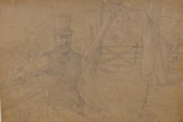 Gentleman seated in a park, (Charles Reynolds?), indistinctly monogrammed, unframed pencil drawing