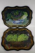 A pair of decorative tin serving trays labelled Ian Logan and Sherwood Studios, 56 x 44cm