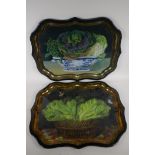 A pair of decorative tin serving trays labelled Ian Logan and Sherwood Studios, 56 x 44cm