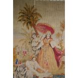 A C19th needlework tapestry panel depicting Moses and the Pharoah's daughter at the river's edge, in