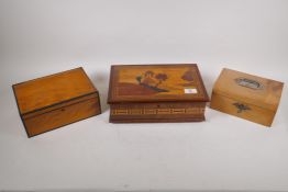 A C19th satinwood and ebony inlaid jewellery box, 25 x 17 x 9cm, a jewellery box and a marquetry